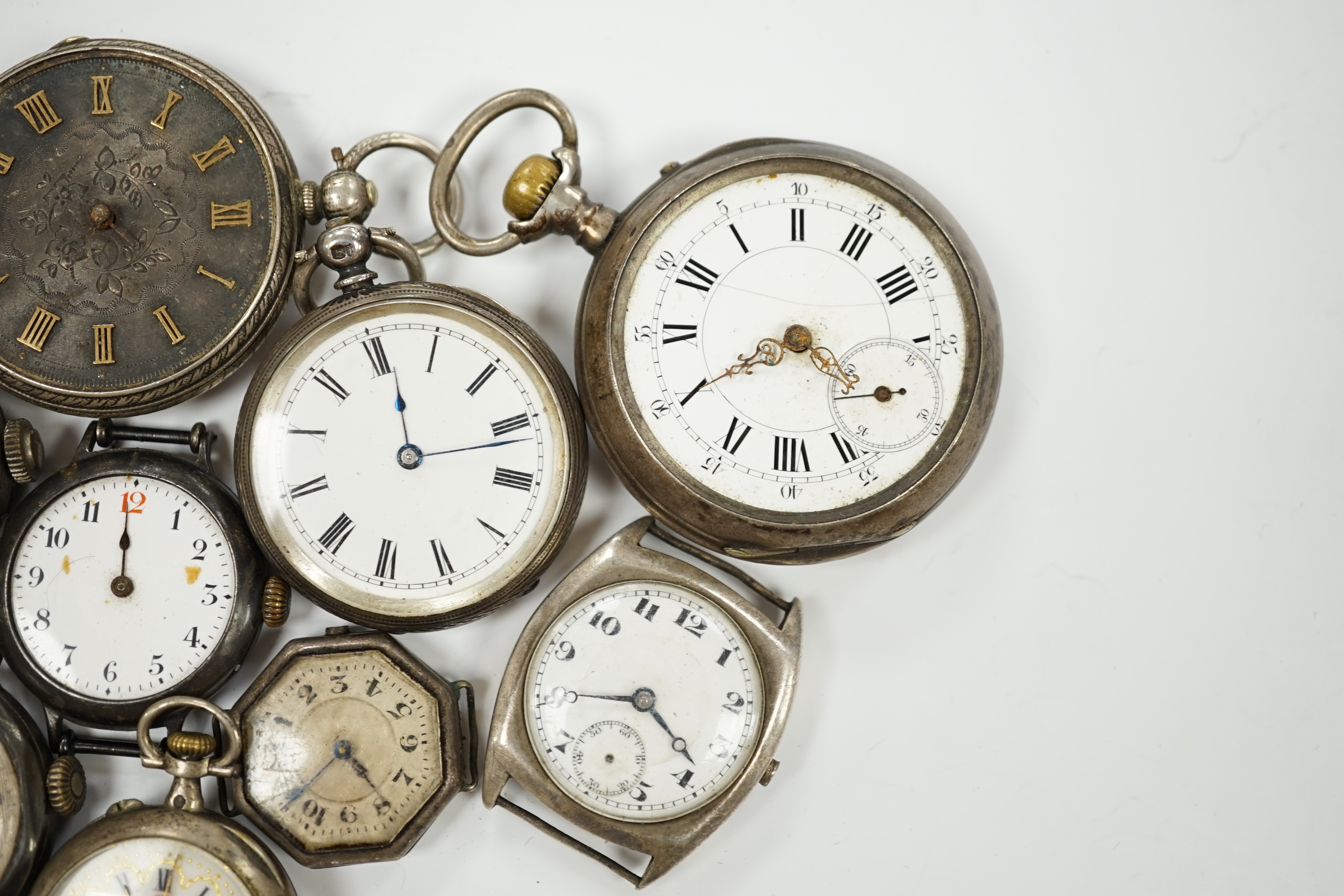 Nine assorted mainly silver fob or wrist watches including Ontime.